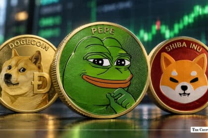 Dogecoin, Pepe, and Shiba Inu meme coin physical tokens standing in front of a financial trading chart background