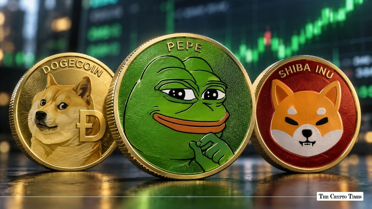 Dogecoin, Pepe, and Shiba Inu meme coin physical tokens standing in front of a financial trading chart background