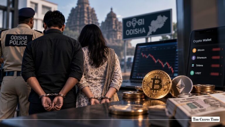 Handcuffed suspects standing near police with physical crypto coins and trading screens in Odisha, India.