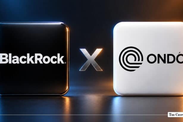 BlackRock and Ondo Finance logos connected by an X symbol representing a strategic partnership