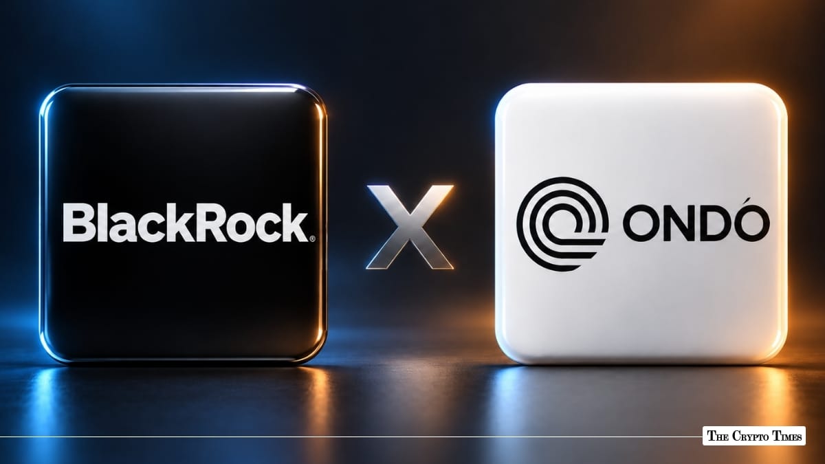 BlackRock and Ondo Finance logos connected by an X symbol representing a strategic partnership