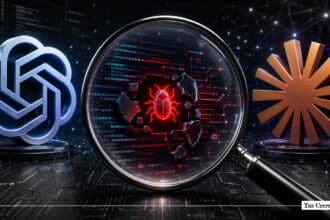 Magnifying glass highlighting a red bug icon within broken code, flanked by metallic 3D logos for OpenAI and Anthropic