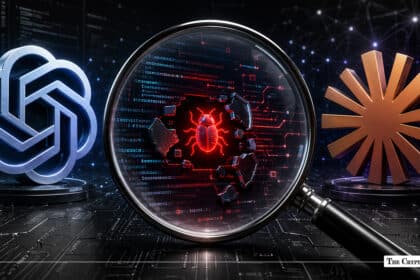 Magnifying glass highlighting a red bug icon within broken code, flanked by metallic 3D logos for OpenAI and Anthropic