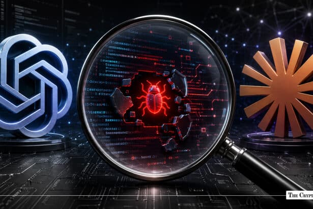 Magnifying glass highlighting a red bug icon within broken code, flanked by metallic 3D logos for OpenAI and Anthropic