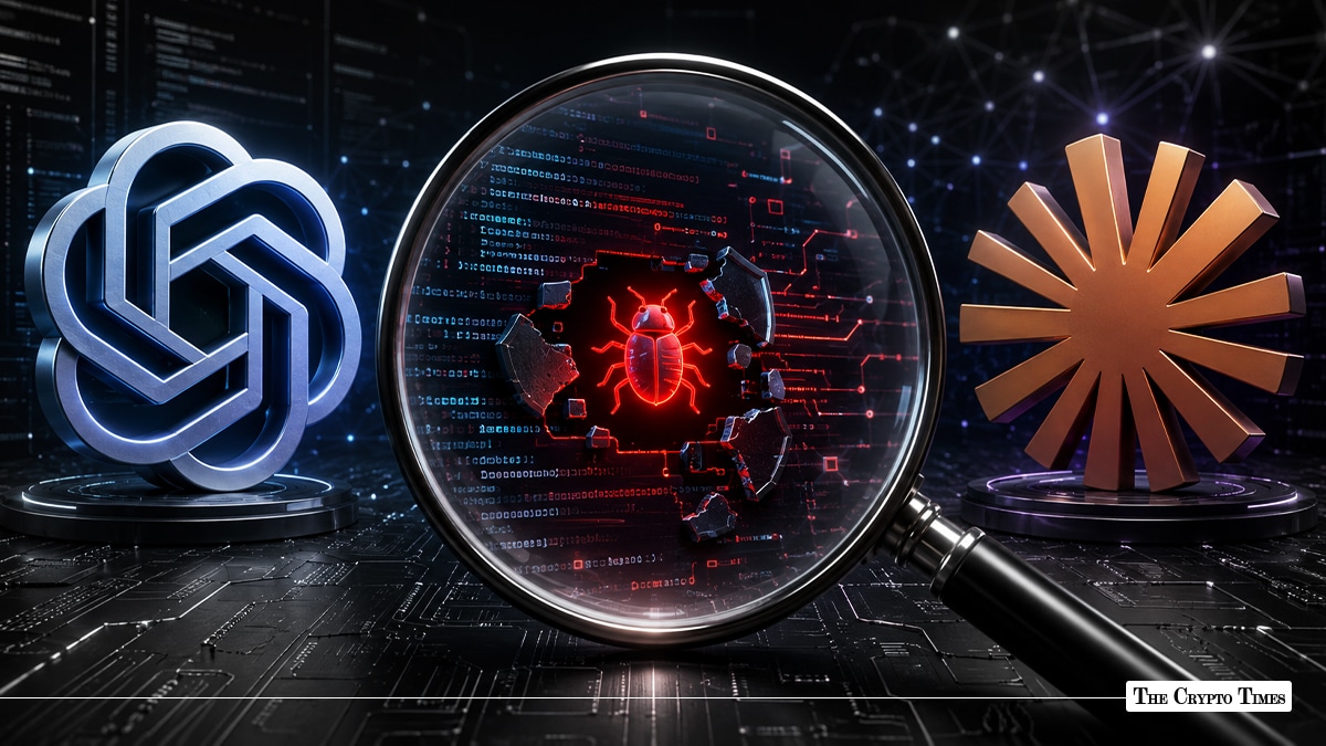Magnifying glass highlighting a red bug icon within broken code, flanked by metallic 3D logos for OpenAI and Anthropic