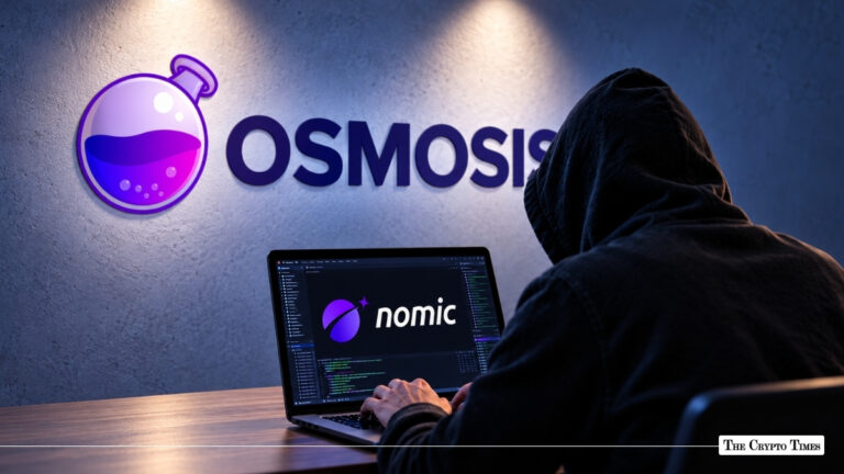 Hooded figure working on a laptop displaying the Nomic logo in front of a wall featuring the Osmosis logo