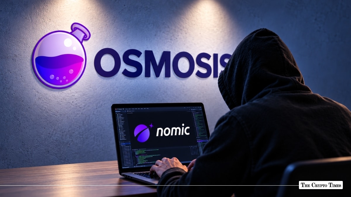 Hooded figure working on a laptop displaying the Nomic logo in front of a wall featuring the Osmosis logo