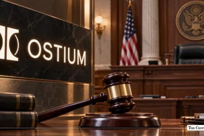 A judge's gavel next to the Ostium logo inside a New York federal courtroom.