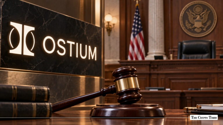 A judge's gavel next to the Ostium logo inside a New York federal courtroom.