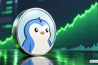 Pudgy Penguins crypto coin positioned against a green upward-trending market chart.