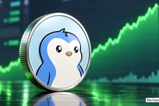 Pudgy Penguins crypto coin positioned against a green upward-trending market chart.