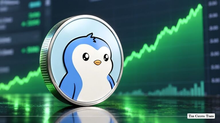 Pudgy Penguins crypto coin positioned against a green upward-trending market chart.