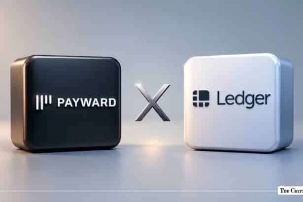 Payward and Ledger corporate logos displayed on contrasting rounded blocks separated by an "X" symbol.