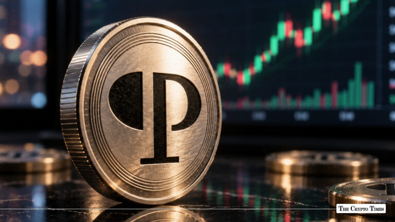 A silver token featuring the Pearl logo standing upright in front of a trading chart showing green candles.