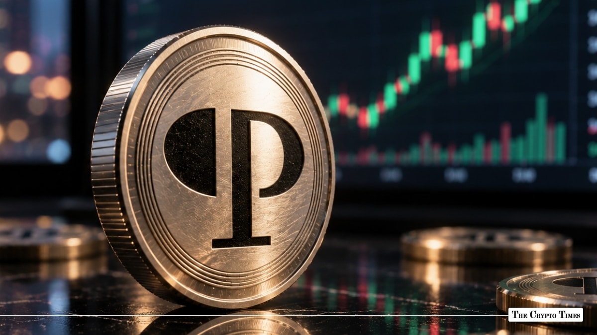 A silver token featuring the Pearl logo standing upright in front of a trading chart showing green candles.
