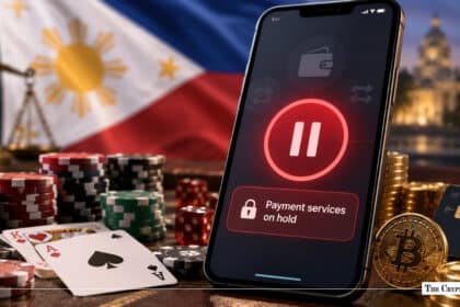 A smartphone showing a red "Payment services on hold" alert screen set against playing cards, poker chips, Bitcoin coins, and the flag of the Philippine