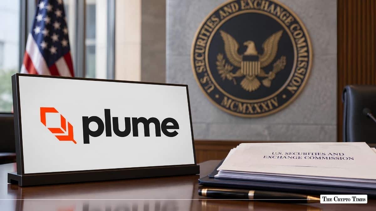 Plume logo on a display screen resting on a desk in front of the SEC seal.