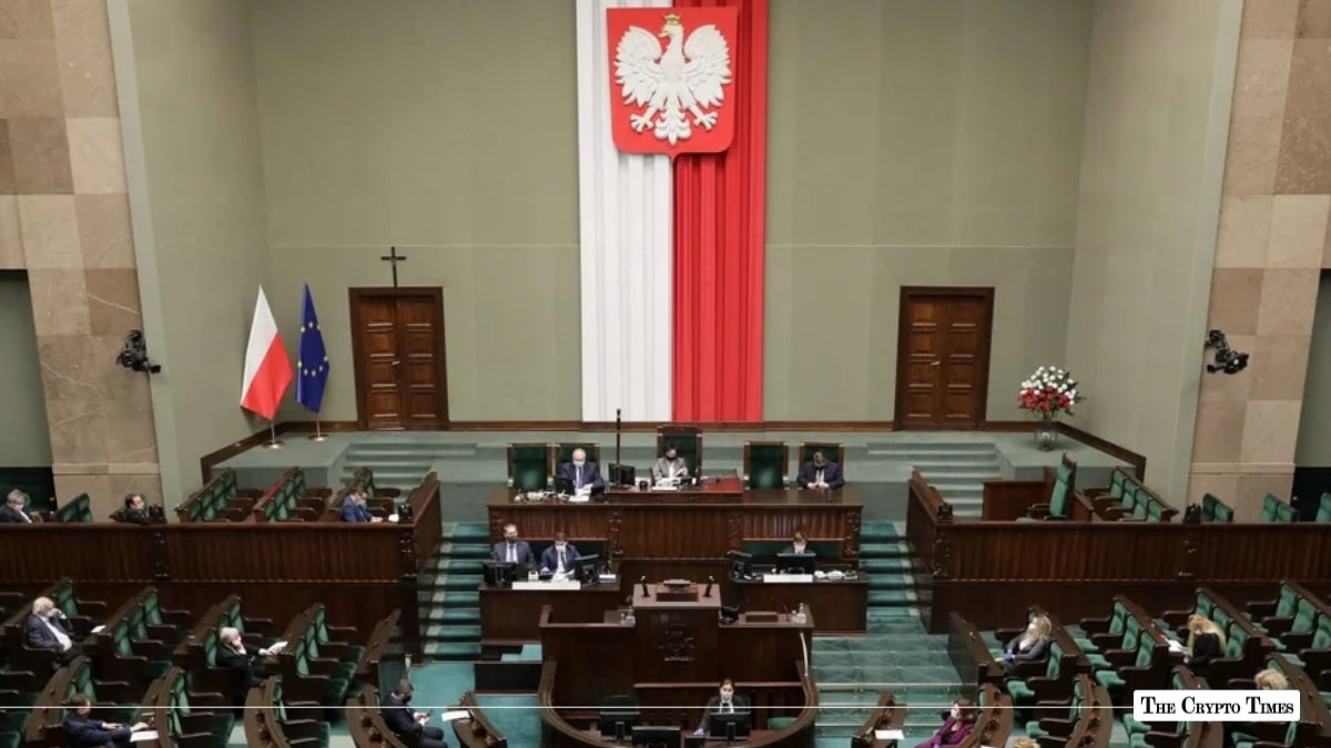 Poland's Sejm chamber in session, with lawmakers seated in green benches