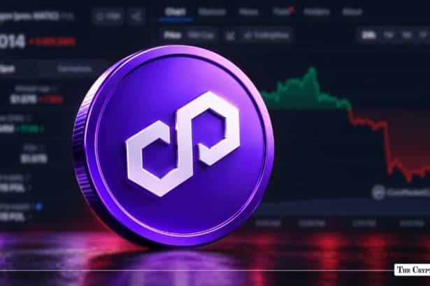 Polygon (POL) crypto coin set against a trading chart dashboard.