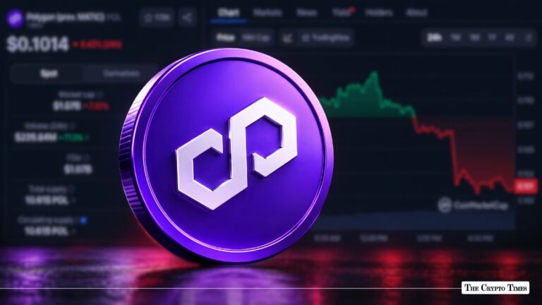 Polygon (POL) crypto coin set against a trading chart dashboard.