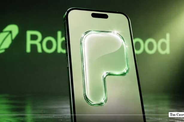 Smartphone displaying a green "P" logo on its screen next to a illuminated Robinhood logo
