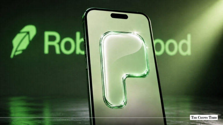 Smartphone displaying a green "P" logo on its screen next to a illuminated Robinhood logo