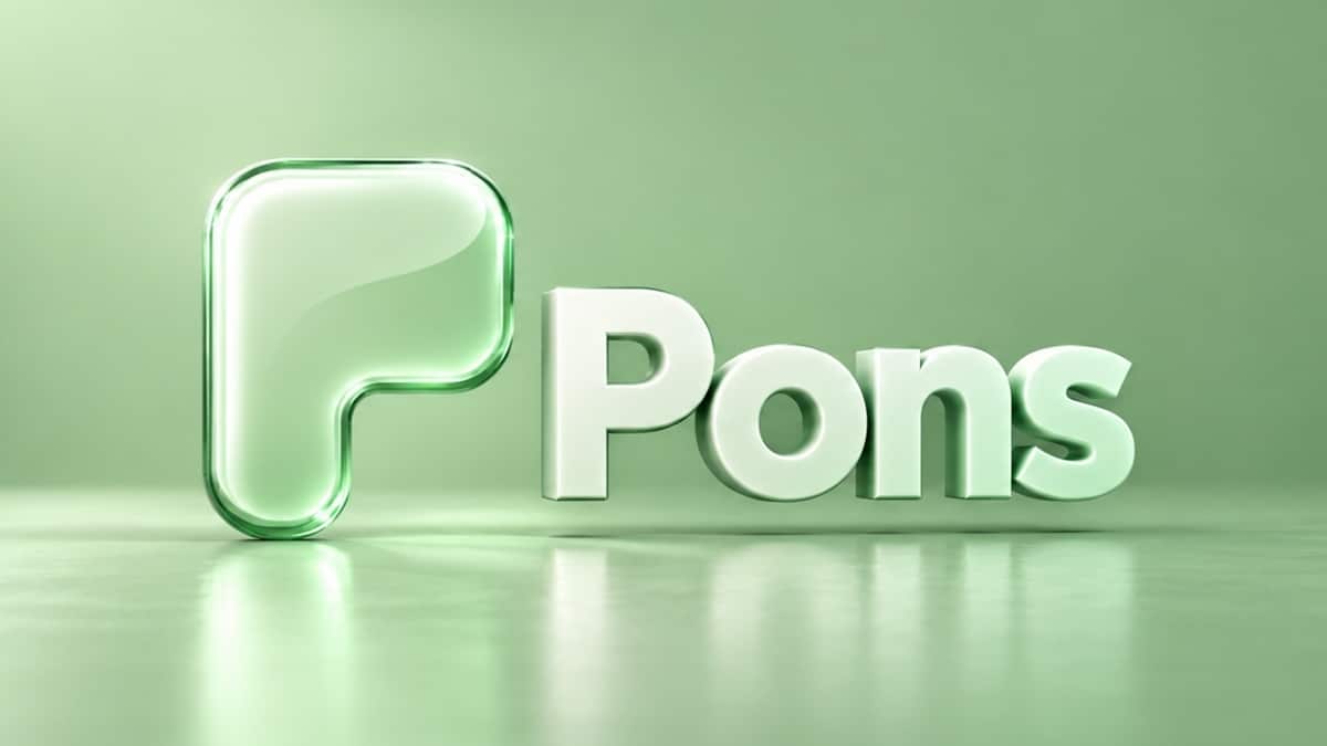 Pons logo with glass letter P icon on soft green background
