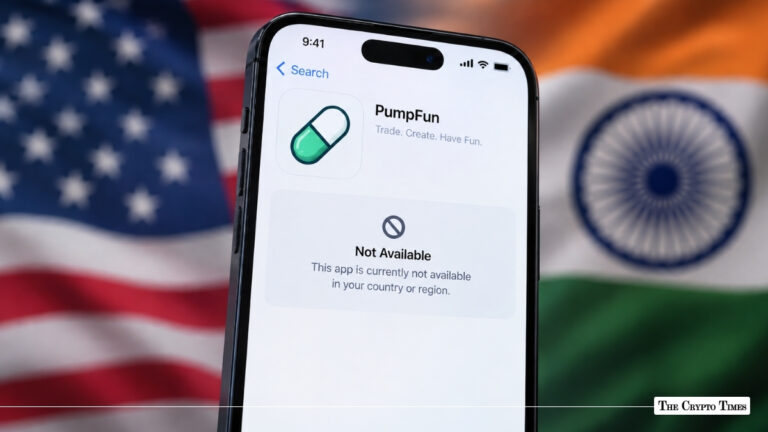 Smartphone screen showing "PumpFun" with a "Not Available" message stating "This app is currently not available in your country or region" set against blurred American and Indian flags