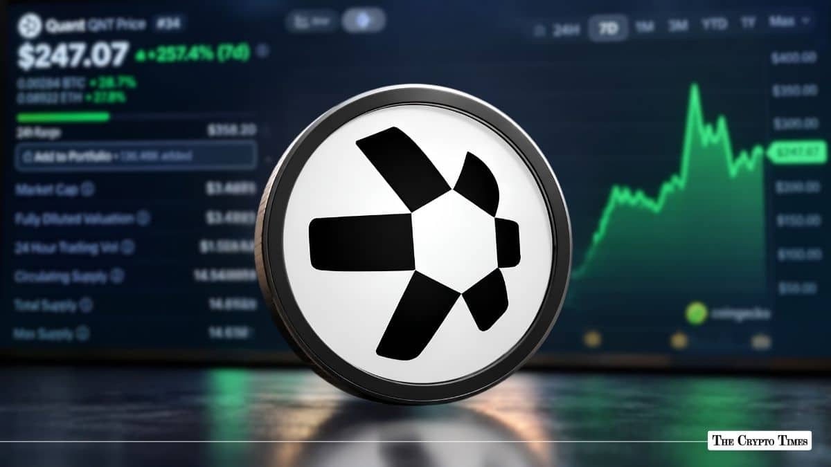 Quant (QNT) cryptocurrency token emblem positioned in front of a green trading chart dashboard.