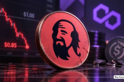 A cracked red coin bearing the QiDao logo standing in front of a Polygon logo and a price chart dropping to $0.85.