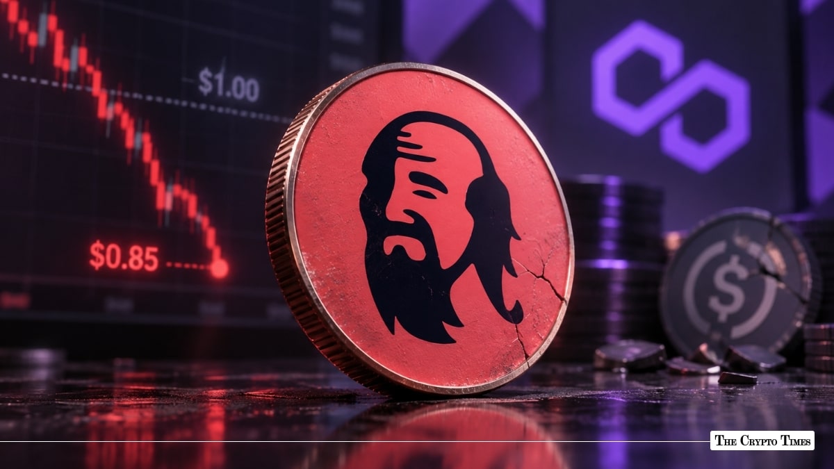 A cracked red coin bearing the QiDao logo standing in front of a Polygon logo and a price chart dropping to $0.85.