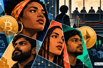 Illustrated collage featuring diverse people surrounded by crypto symbols and a corporate boardroom backdrop.