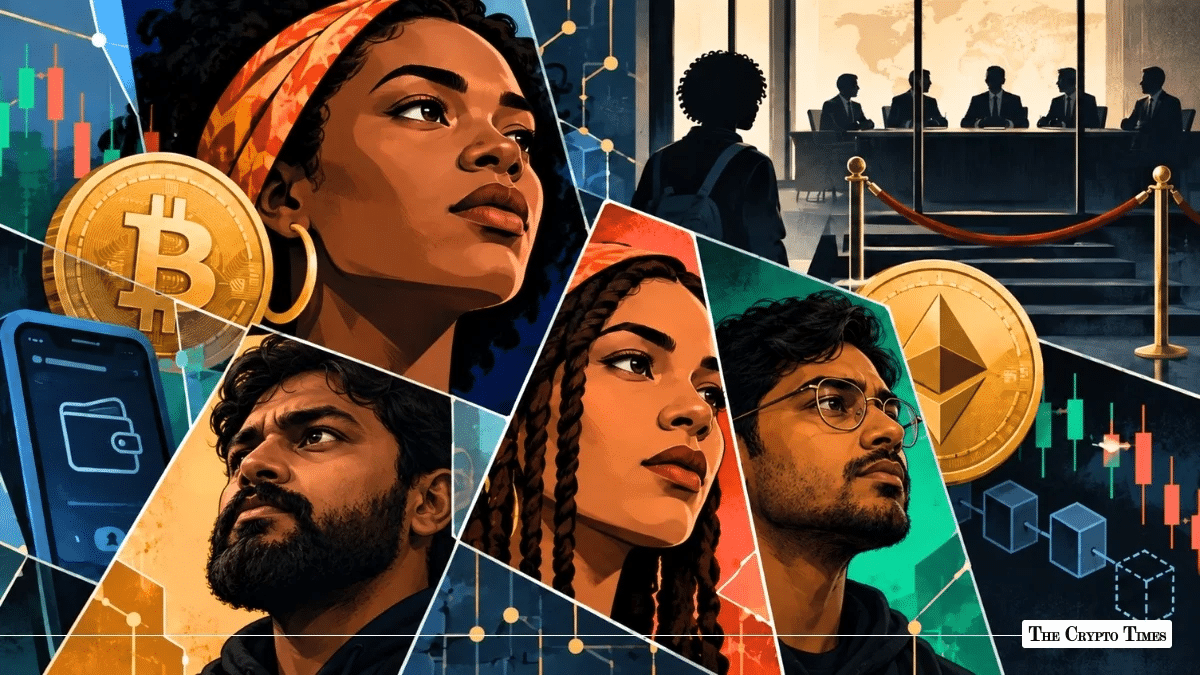 Illustrated collage featuring diverse people surrounded by crypto symbols and a corporate boardroom backdrop.