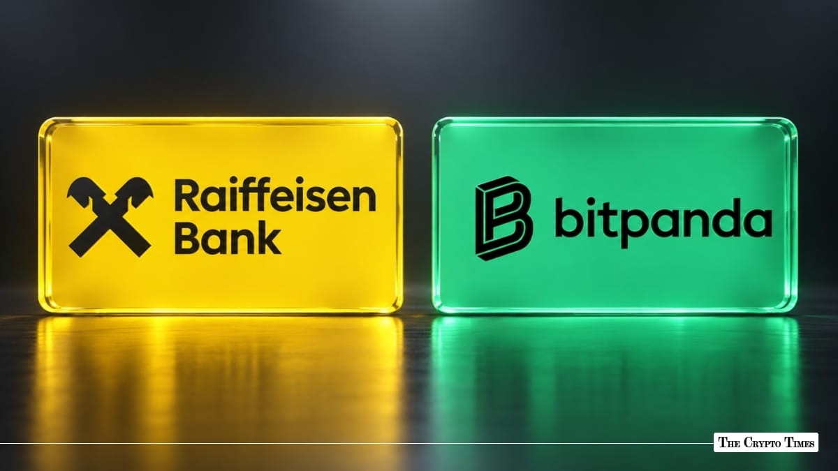 Side-by-side illuminated glass blocks displaying the yellow Raiffeisen Bank logo and green Bitpanda logo on a reflective surface.