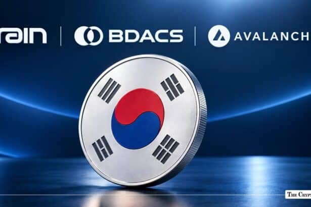 South Korean flag physical coin positioned in front of BDACS and Avalanche logos.