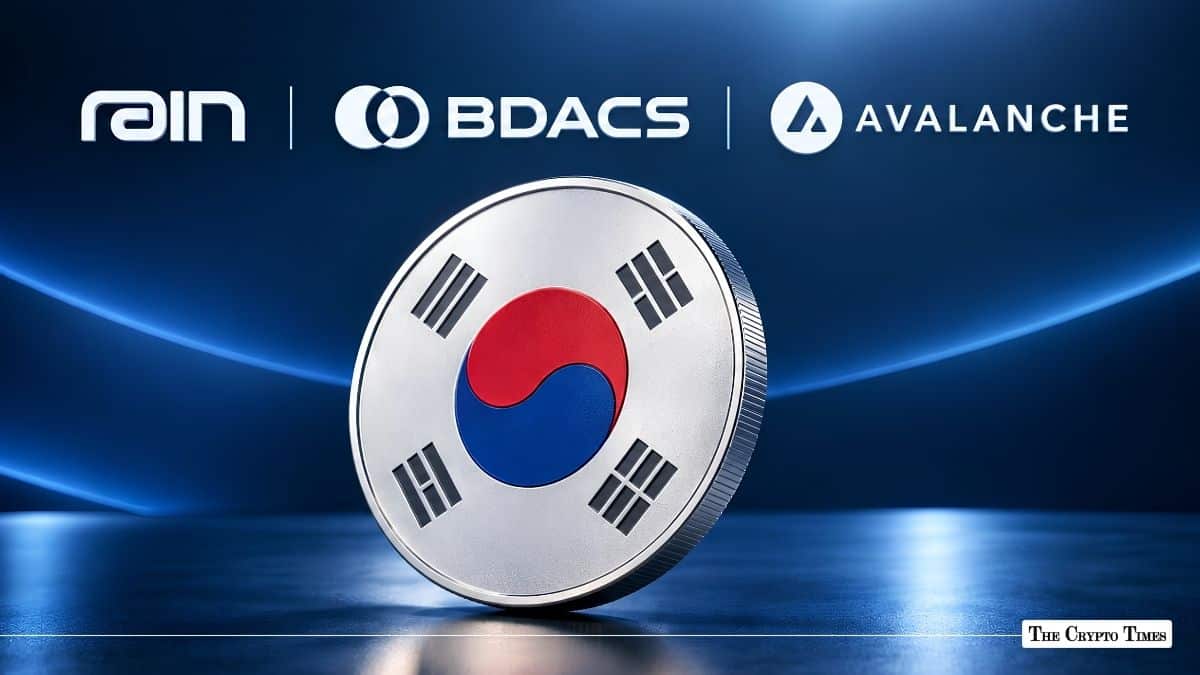 South Korean flag physical coin positioned in front of BDACS and Avalanche logos.