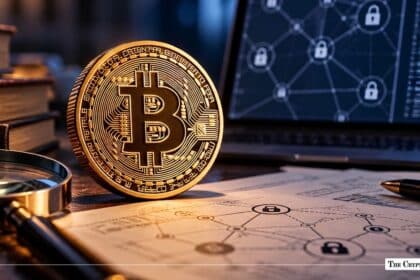 Physical gold Bitcoin coin standing on network security schematics next to a laptop displaying node locks.