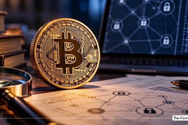 Physical gold Bitcoin coin standing on network security schematics next to a laptop displaying node locks.