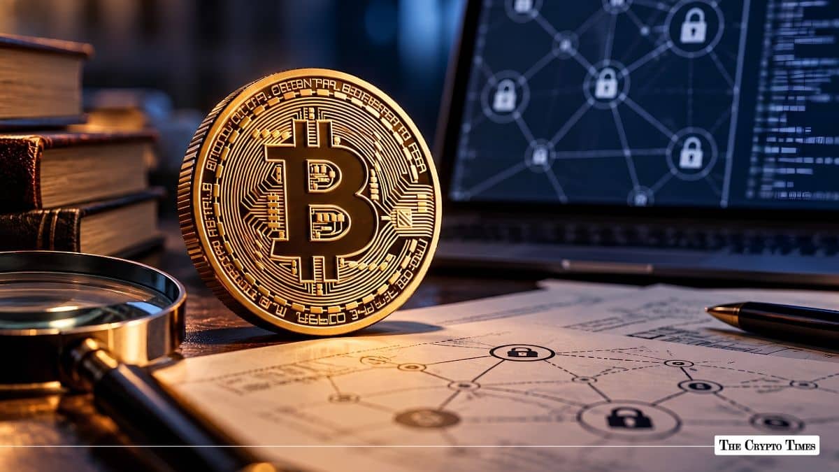 Physical gold Bitcoin coin standing on network security schematics next to a laptop displaying node locks.