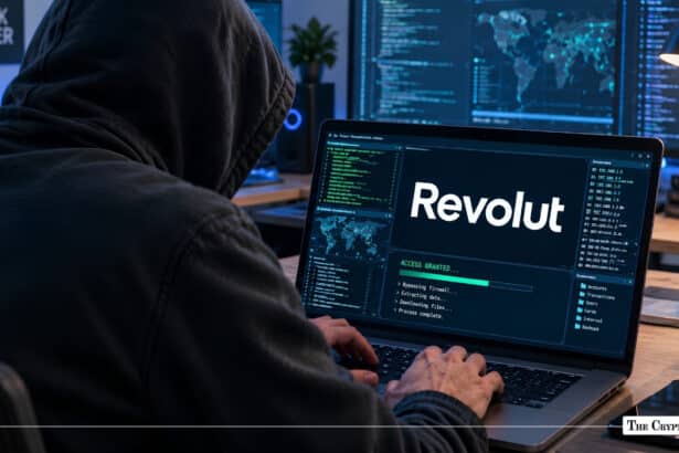Hooded hacker targeting Revolut on laptop surrounded by monitoring displays.