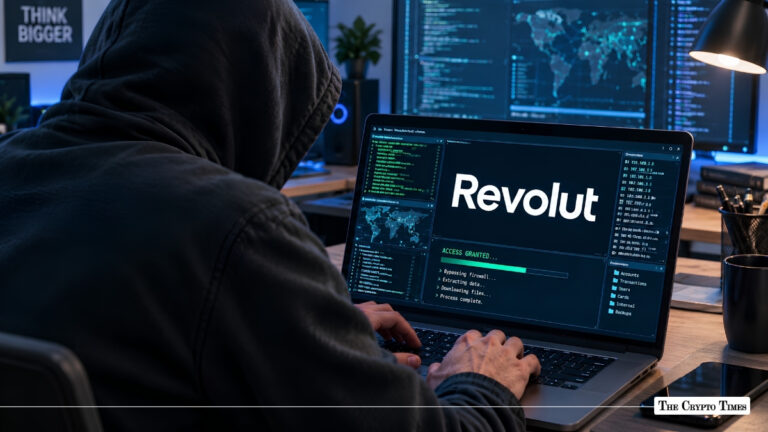 Hooded hacker targeting Revolut on laptop surrounded by monitoring displays.
