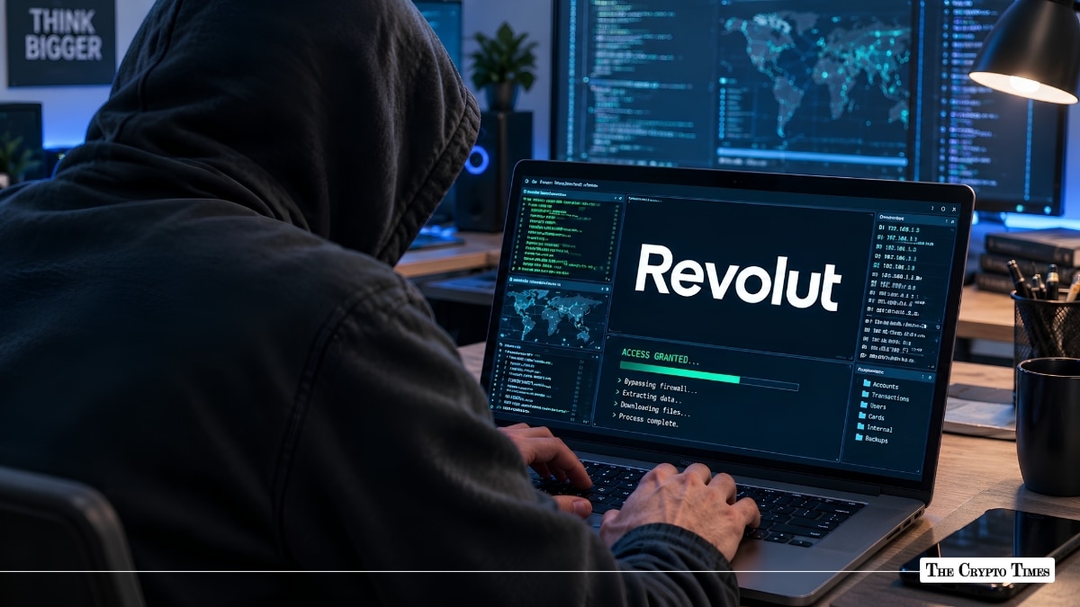 Hooded hacker targeting Revolut on laptop surrounded by monitoring displays.