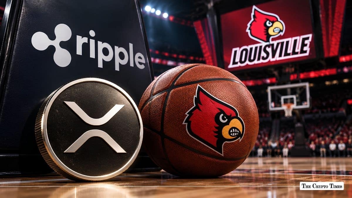 XRP token and Louisville Cardinals basketball on a court with Ripple branding.