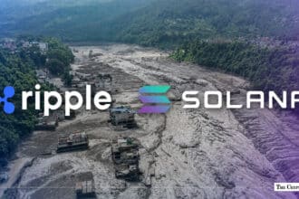 Aerial view of severe flood devastation and mudslides in a valley overlaid with the logos of Ripple and Solana