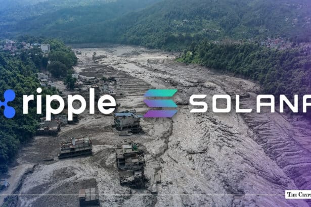 Aerial view of severe flood devastation and mudslides in a valley overlaid with the logos of Ripple and Solana