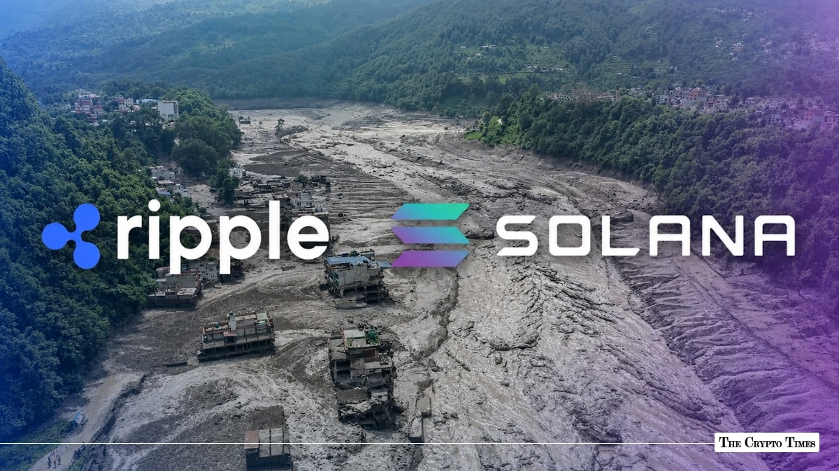 Aerial view of severe flood devastation and mudslides in a valley overlaid with the logos of Ripple and Solana