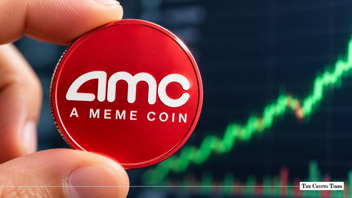 Hand holding a physical red coin stamped with "AMC A MEME COIN" against a green upward-trending candlestick chart