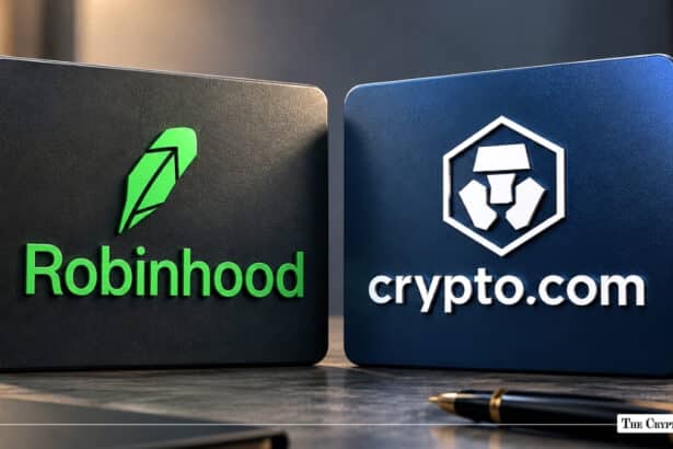 Robinhood and Crypto.com logos displayed side-by-side on metallic blocks
