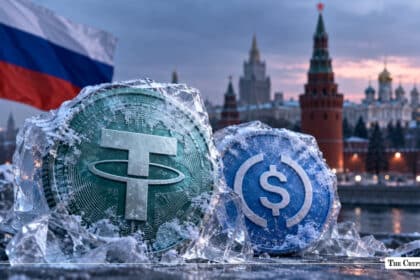 Tether and USD Coin tokens frozen in ice blocks with the Russian flag and Moscow Kremlin in the background.