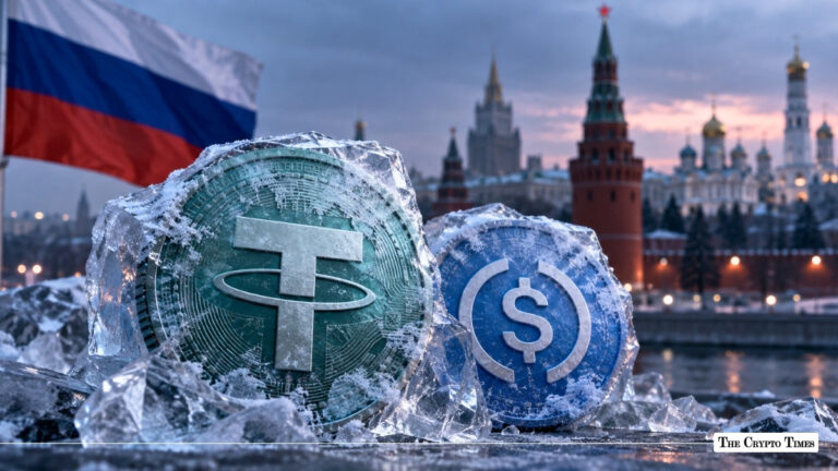 Tether and USD Coin tokens frozen in ice blocks with the Russian flag and Moscow Kremlin in the background.